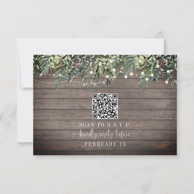 QR Code Rustic Wood Plank Botanical Wedding RSVP (Front)