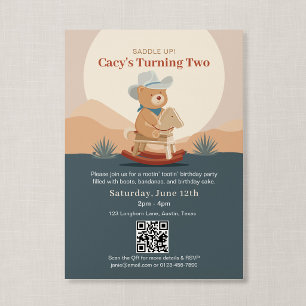QR Code Saddle Up Teddy Bear Cowboy Birthday Invitation