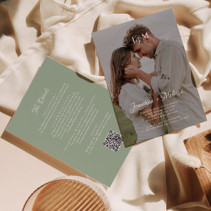 QR Code Sage Green Budget Monogram Overlay Wedding Invitation