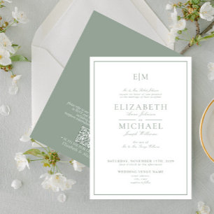 QR Code Sage Green Classic Script Monogram Wedding Invitation