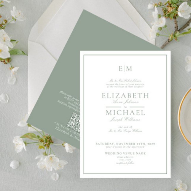 QR Code Sage Green Classic Script Monogram Wedding Invitation (Creator Uploaded)