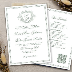 QR code sage green crest monogram wedding Invitation