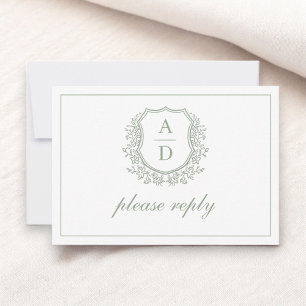 QR Code Sage Green Crest Monogram Wedding RSVP Card
