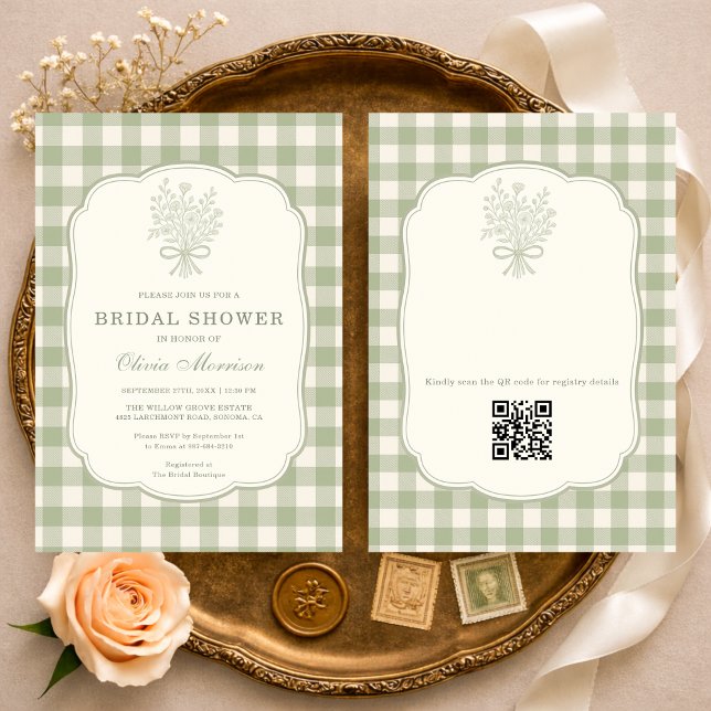 QR Code Sage Green Gingham Floral Bridal Shower Invitation (Creator Uploaded)