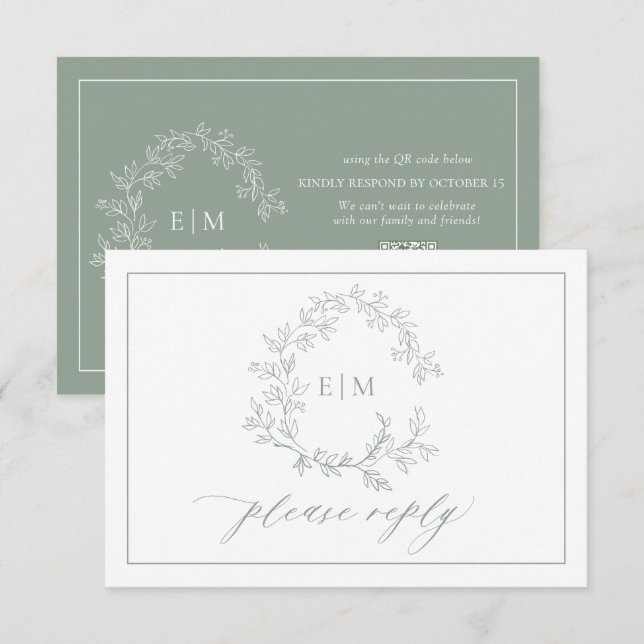 QR Code Sage Green Leafy Crest Monogram Wedding RSVP Card (Front/Back)