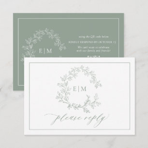 QR Code Sage Green Leafy Crest Monogram Wedding RSVP Card
