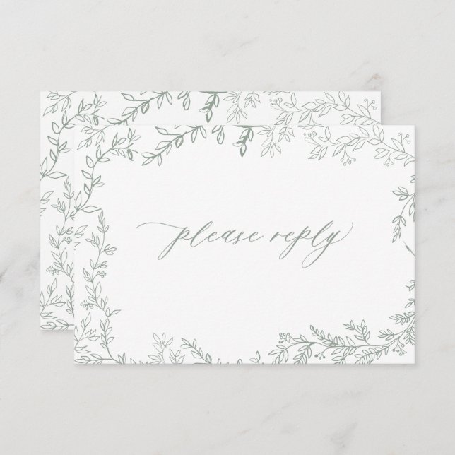 QR Code Sage Green Leafy Frame Rustic Wedding RSVP Card (Front/Back)