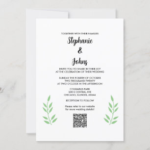 QR Code Sage Green Leaves Black Script Wedding Invitation