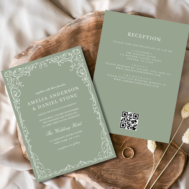 QR Code Sage Green Minimal Wedding Invitation (Creator Uploaded)