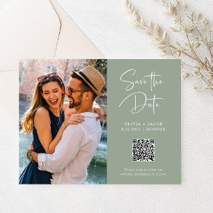QR Code Sage Green Modern Photo Save the Date Postcard