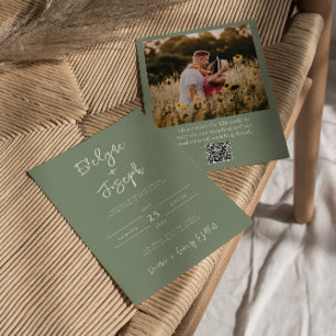 QR Code Sage Green Photo Boho Modern Wedding Invitation