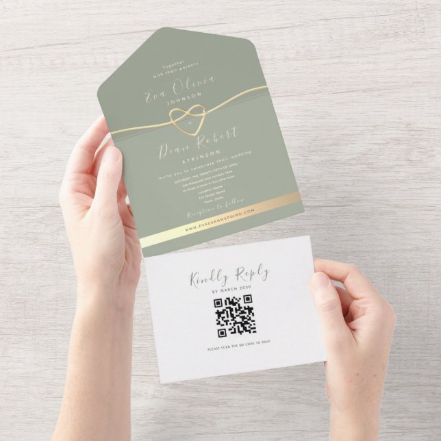 QR Code Sage Green Wedding All In One Invitation (Tearaway)