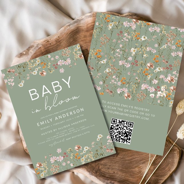 QR Code Sage Green Wildflower Baby in Bloom Shower Invitation (Creator Uploaded)