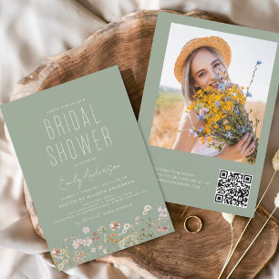 QR Code Sage Green Wildflower Bridal Shower Invitation