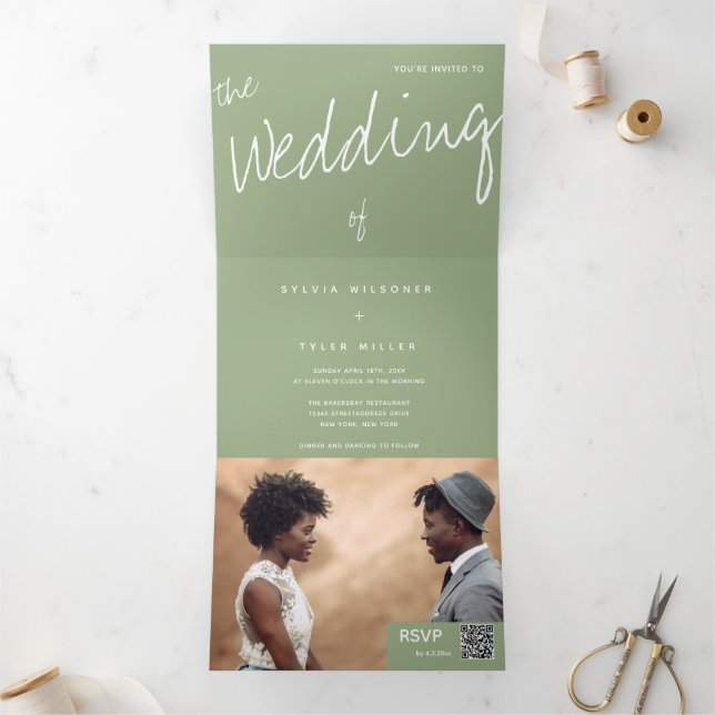 QR Code Sage Minimalist Photo Tri-Fold Invitation (Inside)