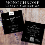 QR Code Save The Date Black White Curve Bow Card<br><div class="desc">Modern,  minimalist QR code wedding save the date invite,  featuring wavy border with bow (can be deleted if not required).  Add the URL of your wedding website on the reverse of the card which will update the QR code,  (or delete if not required).  Click on personalise/customise for further editing.</div>