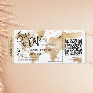 QR Code Save the Date Boarding Pass World Map Invitation