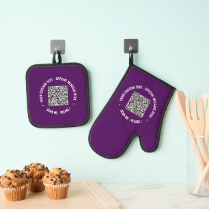 QR Code Scan Custom Text and Colours Personalised Oven Mitt & Pot Holder Set