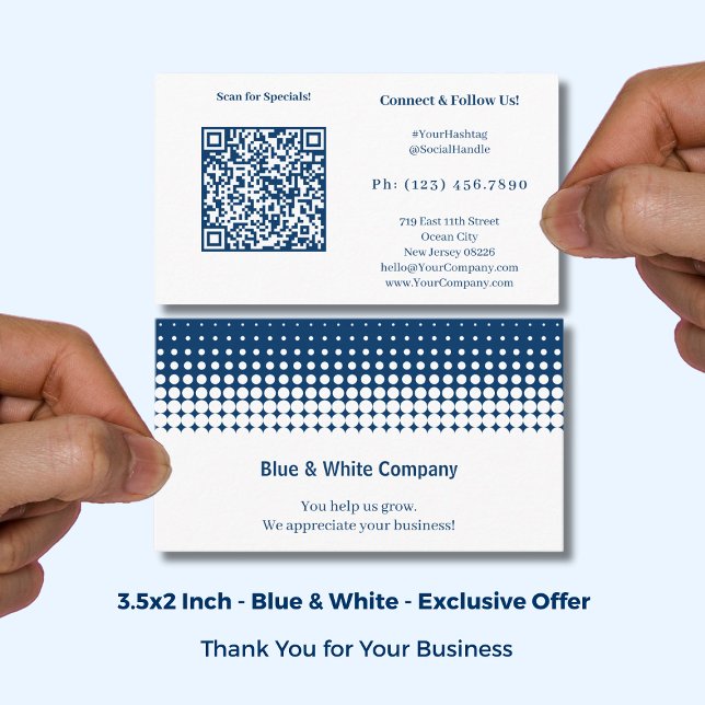 QR-code Scan for Specials White Blue Thank You Business Card (QR-code Scan for Specials White Blue Thank You Business Card: Size: 3.5x2 Inch, Landscape Format)