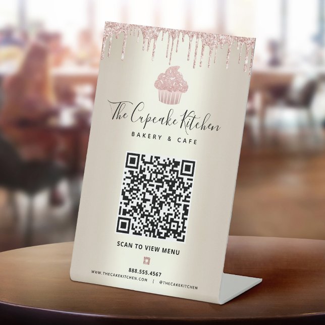 QR Code Scan Menu Pink Cupcake Glitter Gold Bakery Pedestal Sign (Creator Uploaded)
