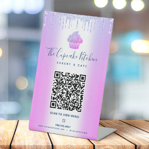 QR Code Scan Menu Purple Cupcake Glitter Bakery Pedestal Sign