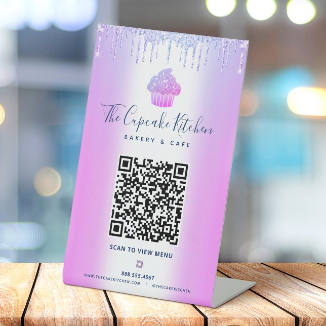 QR Code Scan Menu Purple Cupcake Glitter Bakery Pedestal Sign (Creator Uploaded)