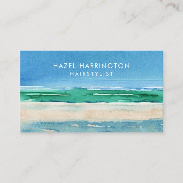 QR Code Scannable Beach Watercolor Ocean Blue Business Card (Front)