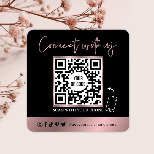 QR Code Scannable Glam Black & Rose Gold Logo Square Business Card (Creator Uploaded)