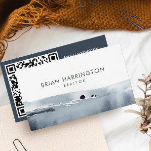 QR Code Scannable Minimalist Soft Grey Watercolor Business Card