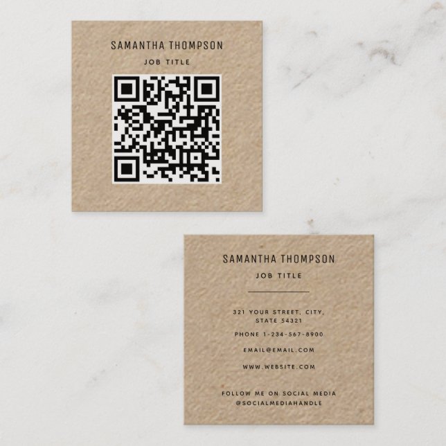 QR Code Scannable Modern Professional Rustic Kraft Square Business Card (Front/Back)