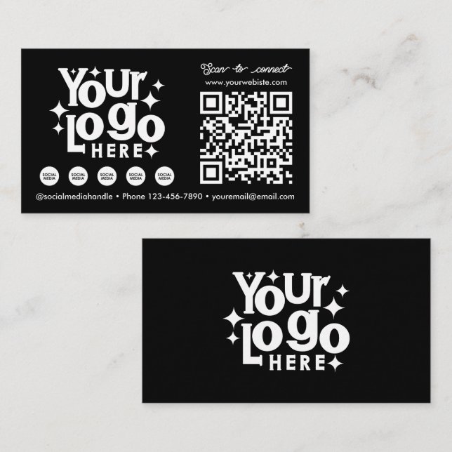 QR Code Scannable Social Media Black Business Logo Business Card (Front/Back)