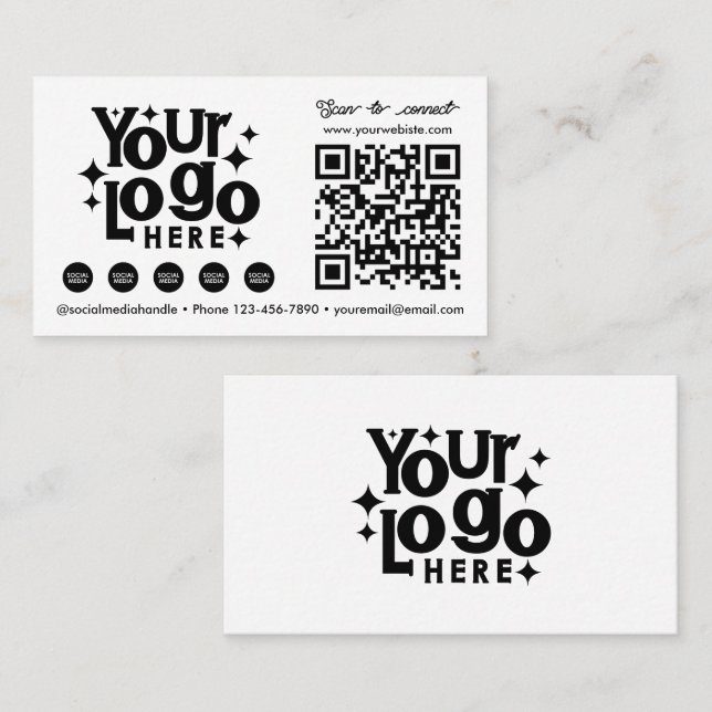 QR Code Scannable Social Media White Business Logo Business Card (Front/Back)