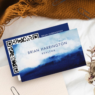 QR Code Scannable Watercolor Moody Navy Blue Business Card