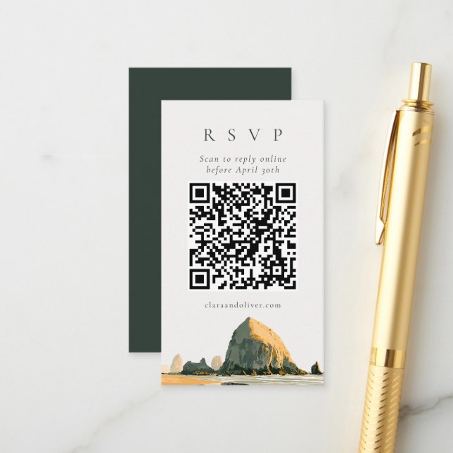 QR Code Sea Stacks Oregon Coast Beach Wedding  Enclosure Card (Front/Back In Situ)