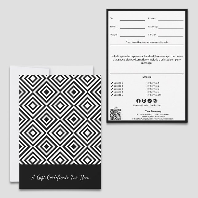 QR Code Service Note Black White Gift Certificate (QR Code Service Note Black White Gift Certificate: Personal Note, Tracking, List, Social Media)