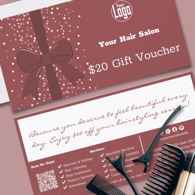 QR Code Services Salon Note Gift Voucher Card (QR Code Services Salon Note Gift Voucher Card, Smoky Topaz & White, Ribbon)