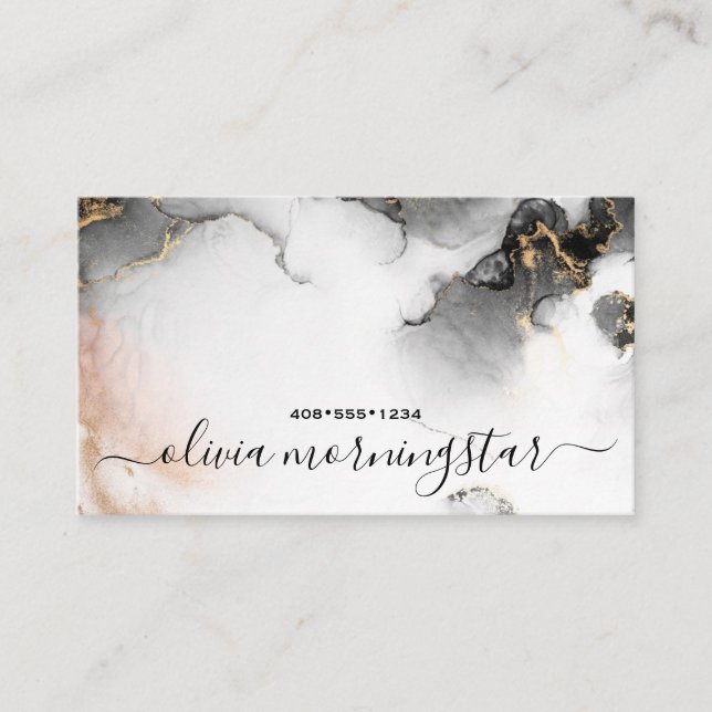 QR Code Signature Gold Black Abstract Watercolor  Business Card (Front)