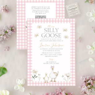 QR Code Silly Goose Whimsical Pink Bow Baby Shower Invitation