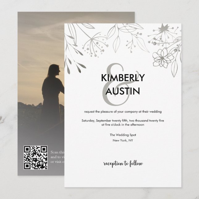 QR Code Silver Floral Wedding Invitation (Front/Back)