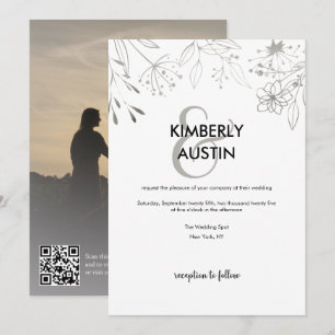 QR Code Silver Floral Wedding Invitation