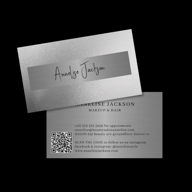 QR CODE silver glitter modern beauty salon Business Card (Creator Uploaded)