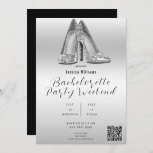 QR CODE Silver Glitter Shoes Bachelorette Invitation