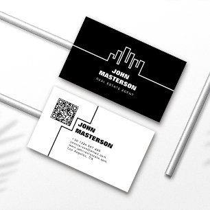 QR Code Simple Black & White Real Estate Agent Business Card