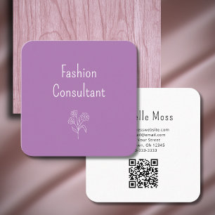 QR code Simple Boho Flower Botanical Purple  Square Business Card