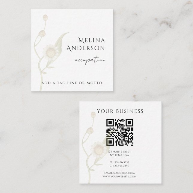 QR Code Simple Daisy Wildflower Square Business Card (Front/Back)