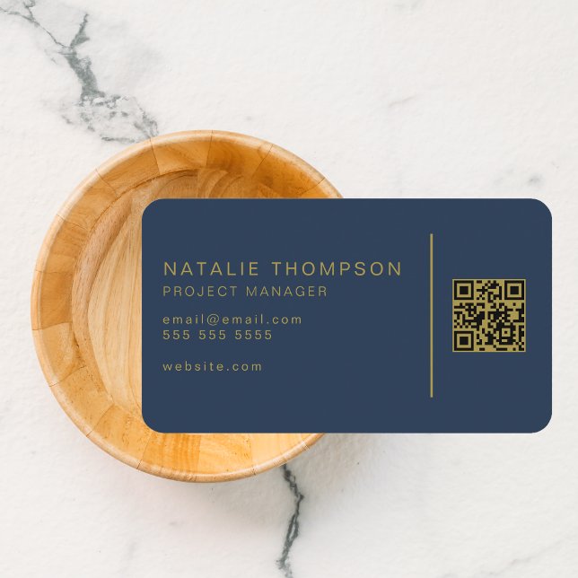 QR Code Simple Elegant Classy Navy Blue and Gold Business Card (Creator Uploaded)