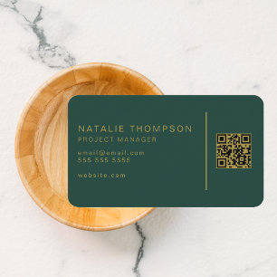 QR Code Simple Elegant Emerald Green and Gold Business Card