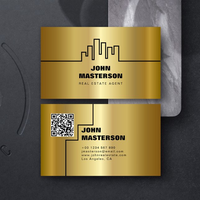 QR Code Simple Gold & Black Real Estate Agent Business Card (Creator Uploaded)