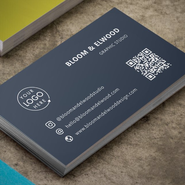 QR Code Simple Modern Minimal Navy Blue Logo Business Card (Modern minimalist logo business card by Guava - clean, professional, and fully customizable)