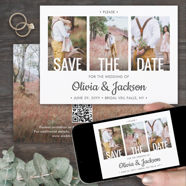 QR Code Simple Modern Typography 4 Photo Wedding Save The Date (Creator Uploaded)